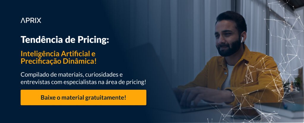 Baixe o material gratuito: Tendências de Pricing: Inteligência Artificial e Precificação Dinâmica! Compilado de materiais, curiosidades e entrevistas com especialistas na área de pricing! Em um banner azul escuro, com letras azuis e brancas, se lê: "Ebook Tendências de Pricing: Inteligência Artificial e Precificação Dinâmica". Abaixo, um botão diz: baixe o material gratuitamente.